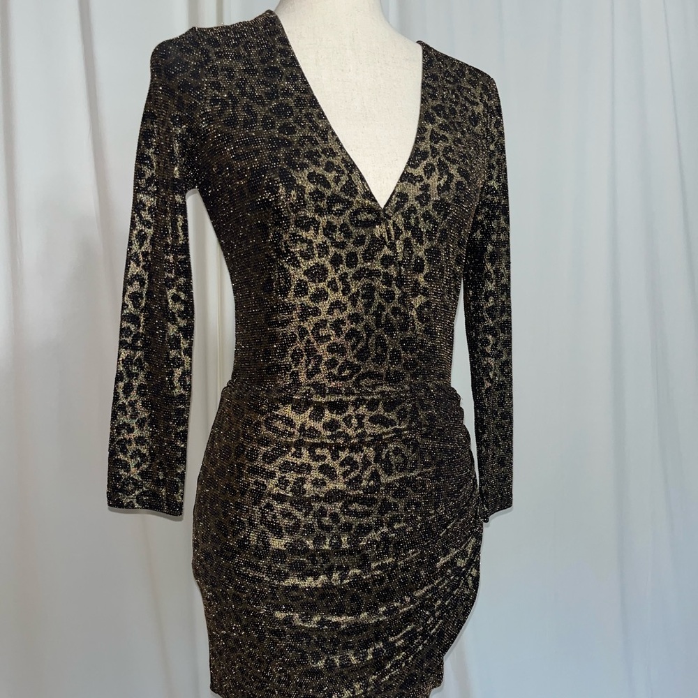 Lovers + Friends Metallic‎ Leopard Long Sleeve Mini Faux Wrap Dress Size Small - Picture 5 of 7